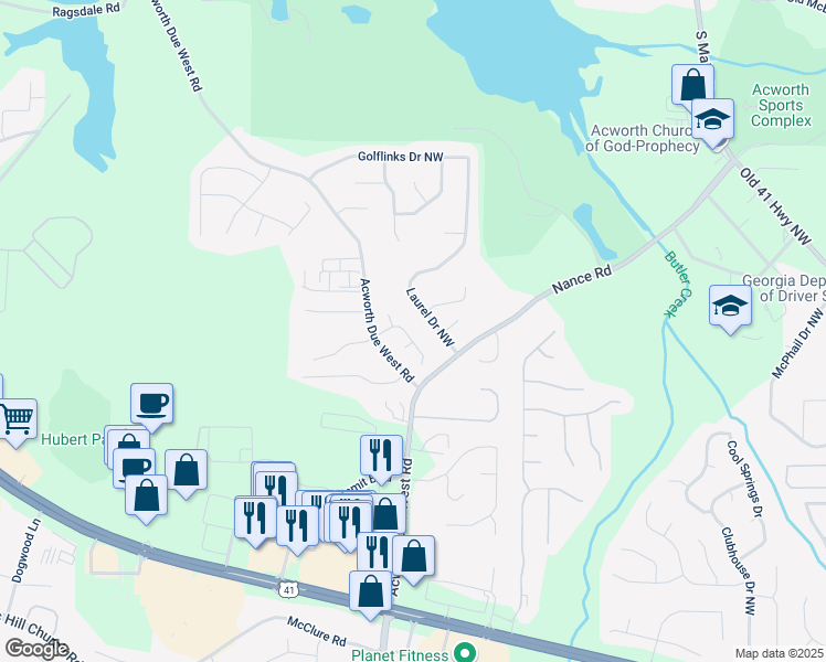 map of restaurants, bars, coffee shops, grocery stores, and more near 1111 Lauren Way in Acworth