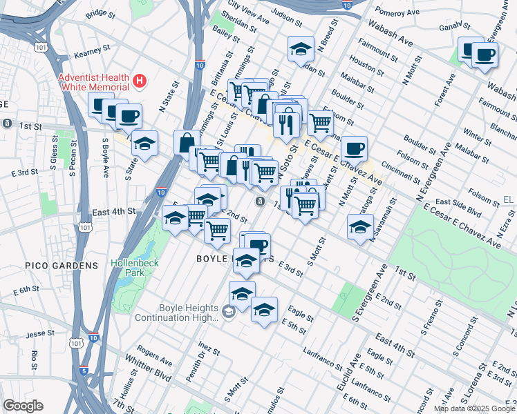 map of restaurants, bars, coffee shops, grocery stores, and more near 2311 East 1st Street in Los Angeles