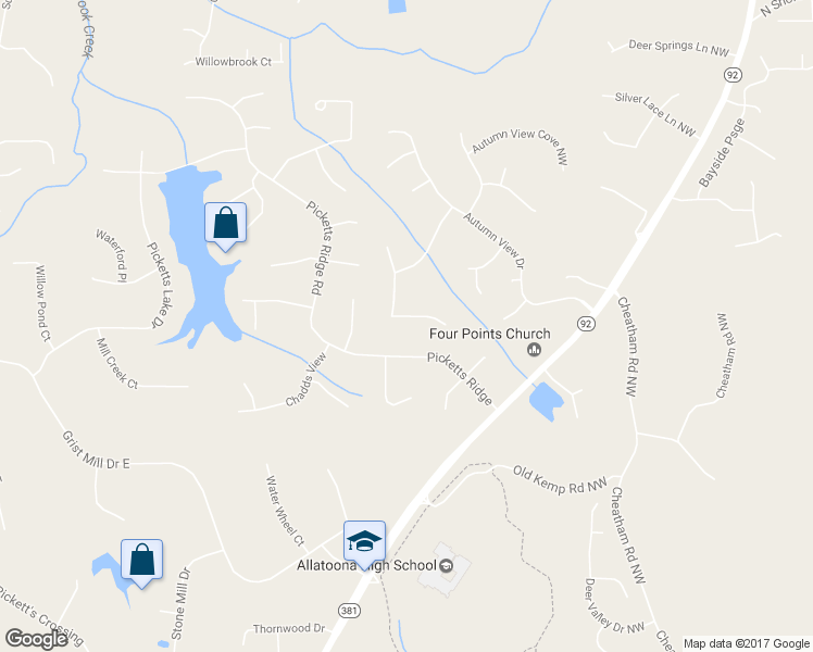 map of restaurants, bars, coffee shops, grocery stores, and more near 3809 Autumn View Lane Northwest in Acworth