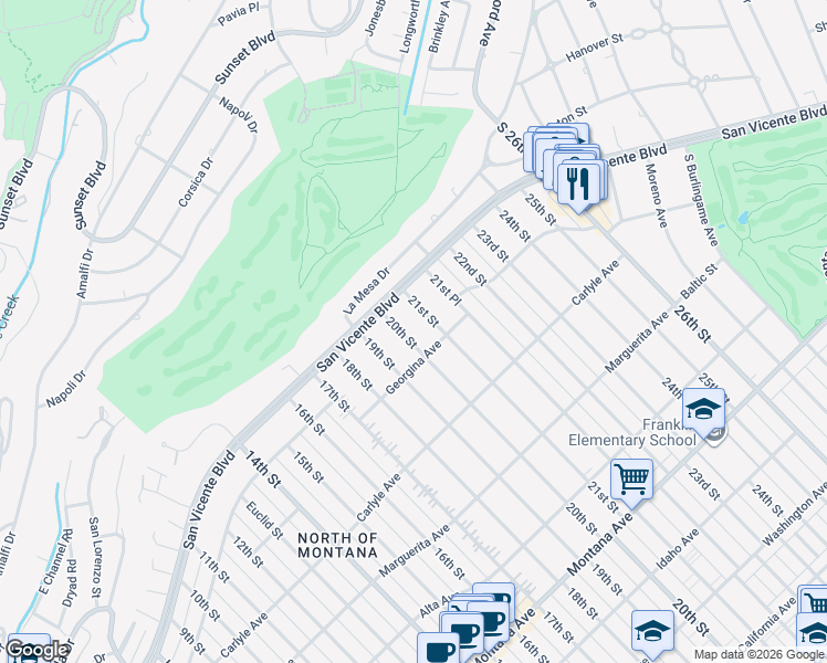 map of restaurants, bars, coffee shops, grocery stores, and more near 239 20th Street in Santa Monica