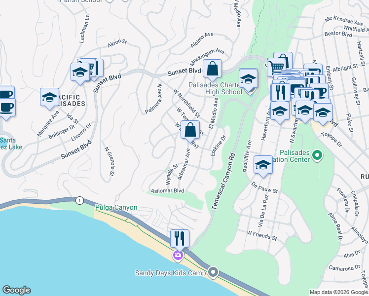 map of restaurants, bars, coffee shops, grocery stores, and more near 15952 West Miami Way in Los Angeles