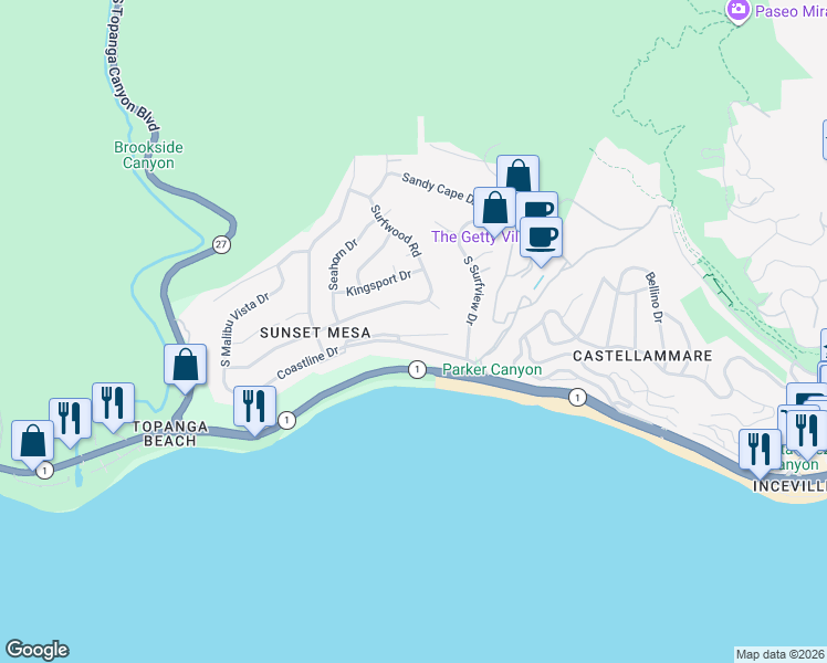 map of restaurants, bars, coffee shops, grocery stores, and more near 18109 Coastline Drive in Malibu