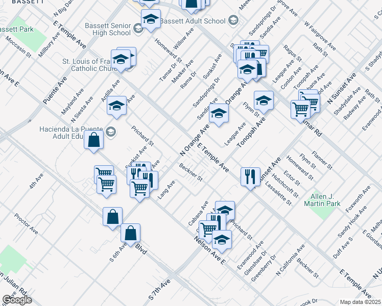 map of restaurants, bars, coffee shops, grocery stores, and more near 534 North Orange Avenue in La Puente