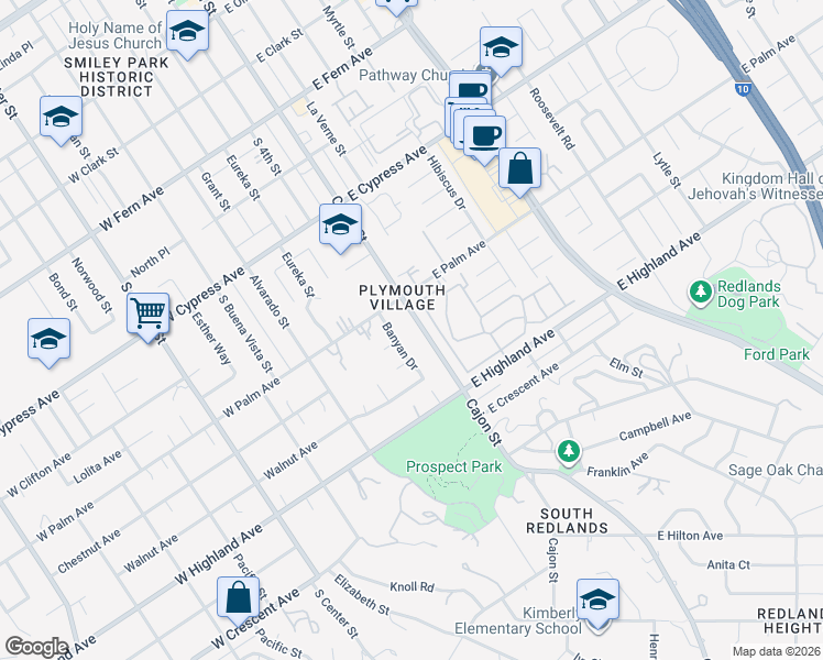 map of restaurants, bars, coffee shops, grocery stores, and more near 824 Cajon Street in Redlands
