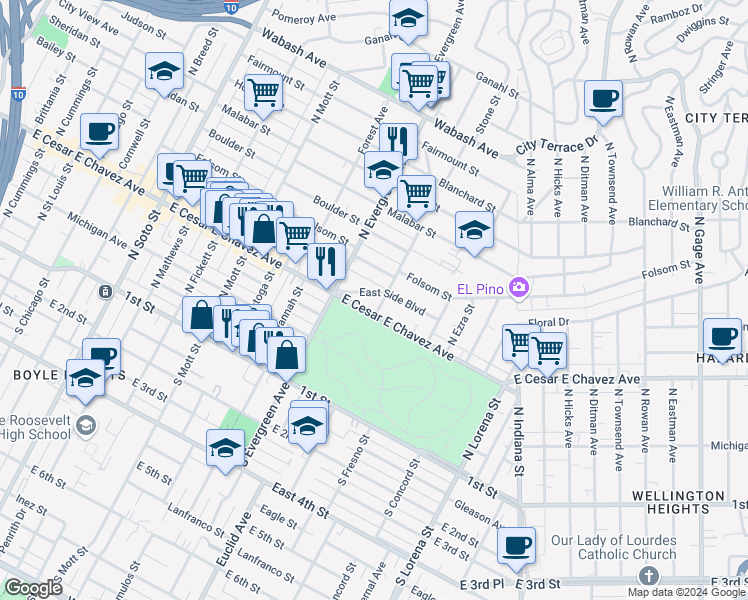 map of restaurants, bars, coffee shops, grocery stores, and more near 3050 East Side Boulevard in Los Angeles