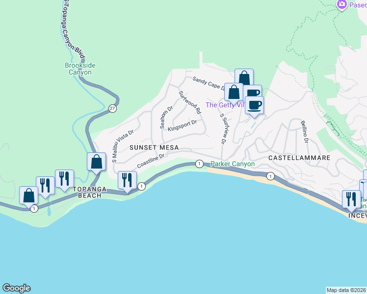 map of restaurants, bars, coffee shops, grocery stores, and more near 18147 Coastline Drive in Malibu