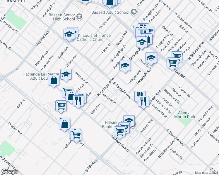 map of restaurants, bars, coffee shops, grocery stores, and more near 544 North Orange Avenue in La Puente