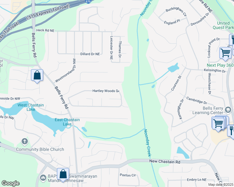 map of restaurants, bars, coffee shops, grocery stores, and more near 57 Hartley Woods Drive in Kennesaw