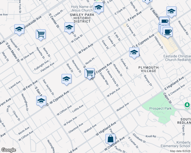 map of restaurants, bars, coffee shops, grocery stores, and more near 657 West Cypress Avenue in Redlands