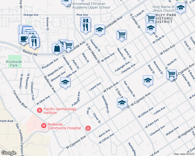 map of restaurants, bars, coffee shops, grocery stores, and more near 1200 Fulbright Avenue in Redlands