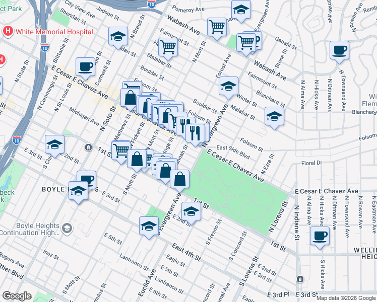 map of restaurants, bars, coffee shops, grocery stores, and more near 2909 New Jersey Street in Los Angeles