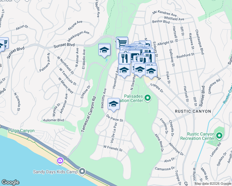 map of restaurants, bars, coffee shops, grocery stores, and more near 716 Haverford Avenue in Los Angeles