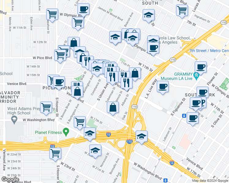 map of restaurants, bars, coffee shops, grocery stores, and more near 1324 Toberman Street in Los Angeles