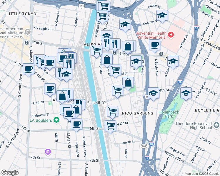 map of restaurants, bars, coffee shops, grocery stores, and more near 320 South Mission Road in Los Angeles