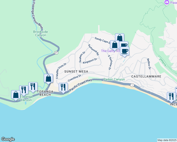 map of restaurants, bars, coffee shops, grocery stores, and more near 18203 Coastline Drive in Malibu