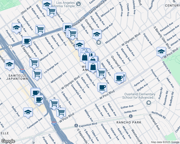 map of restaurants, bars, coffee shops, grocery stores, and more near 2139 Westwood Boulevard in Los Angeles