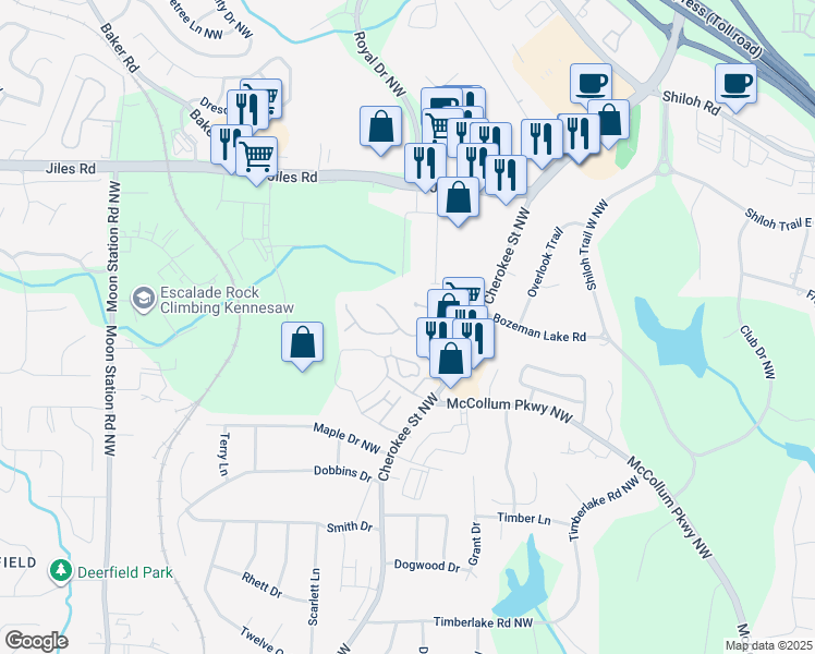 map of restaurants, bars, coffee shops, grocery stores, and more near 1019 Plantation Way in Kennesaw