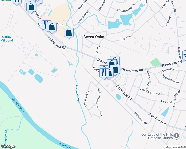 map of restaurants, bars, coffee shops, grocery stores, and more near 115 Tram Road in Columbia