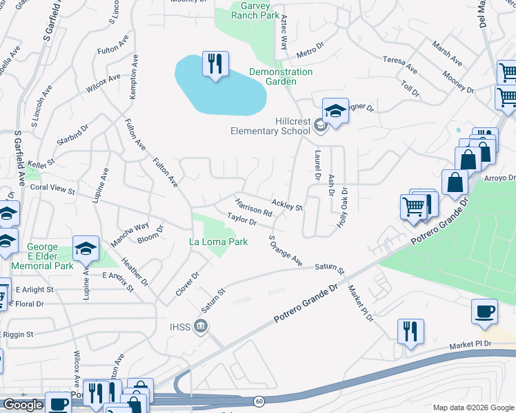 map of restaurants, bars, coffee shops, grocery stores, and more near 1828 Fillmore Drive in Monterey Park