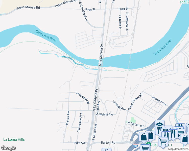 map of restaurants, bars, coffee shops, grocery stores, and more near 1603 South La Cadena Drive in Colton