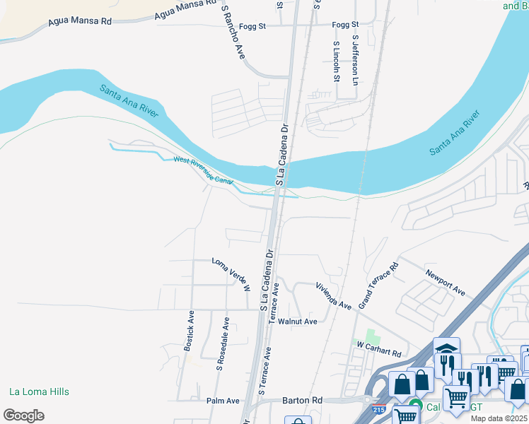 map of restaurants, bars, coffee shops, grocery stores, and more near 1603 South La Cadena Drive in Colton