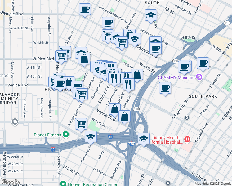 map of restaurants, bars, coffee shops, grocery stores, and more near 1324 Toberman Street in Los Angeles