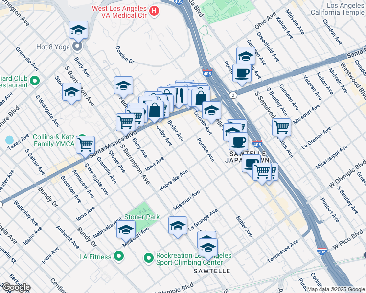 map of restaurants, bars, coffee shops, grocery stores, and more near 11510 Iowa Avenue in Los Angeles