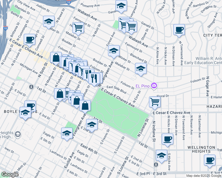 map of restaurants, bars, coffee shops, grocery stores, and more near 3050 East Side Boulevard in Los Angeles