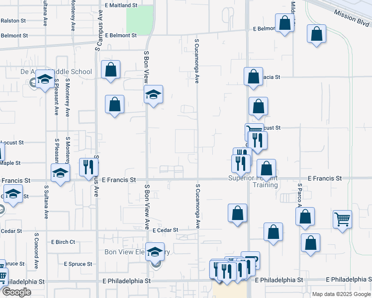 map of restaurants, bars, coffee shops, grocery stores, and more near 1656 South Cucamonga Avenue in Ontario