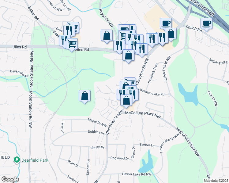 map of restaurants, bars, coffee shops, grocery stores, and more near 1131 Shiloh Lane in Kennesaw