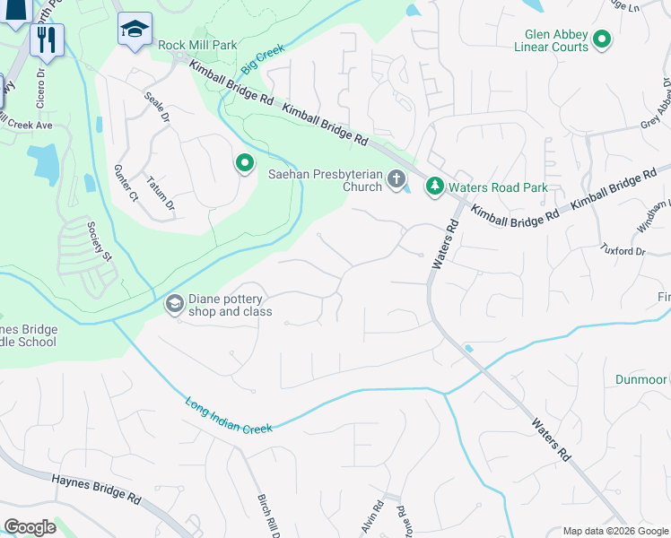 map of restaurants, bars, coffee shops, grocery stores, and more near 1605 Ridge Haven Run in Alpharetta