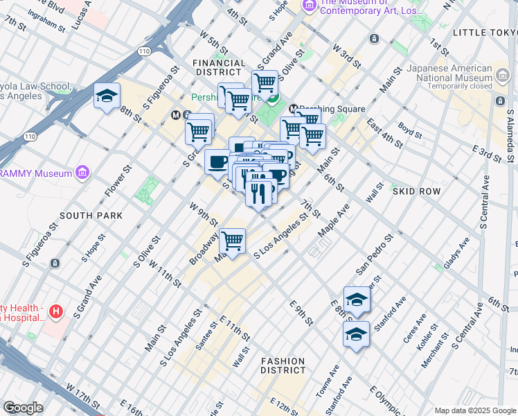 map of restaurants, bars, coffee shops, grocery stores, and more near 226 West 8th Street in Los Angeles
