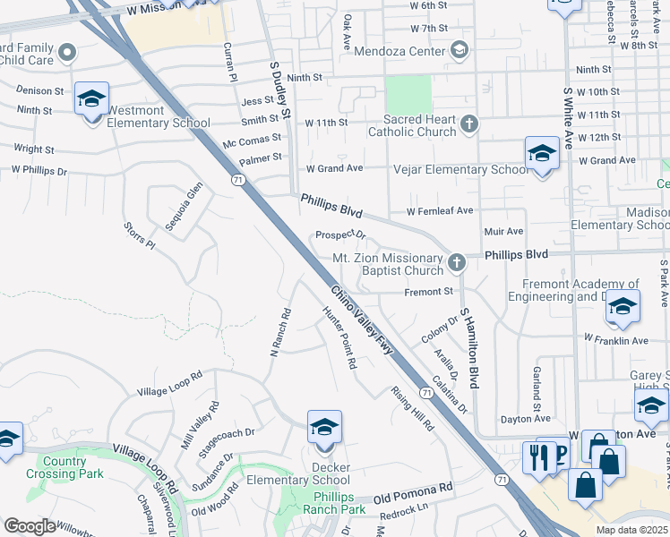 map of restaurants, bars, coffee shops, grocery stores, and more near in Pomona