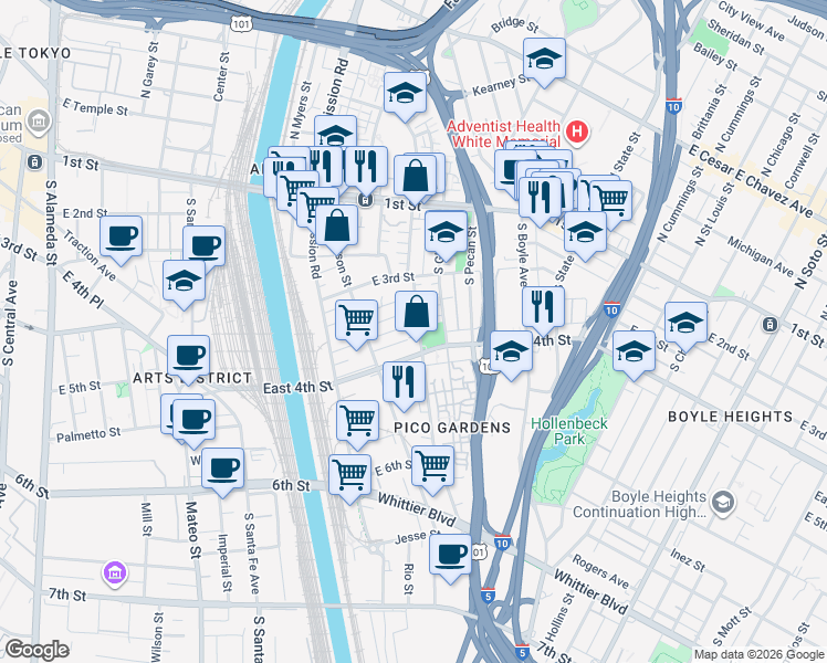 map of restaurants, bars, coffee shops, grocery stores, and more near 335 South Clarence Street in Los Angeles