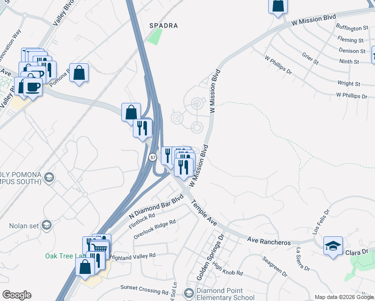 map of restaurants, bars, coffee shops, grocery stores, and more near 3445 Legato Court in Pomona