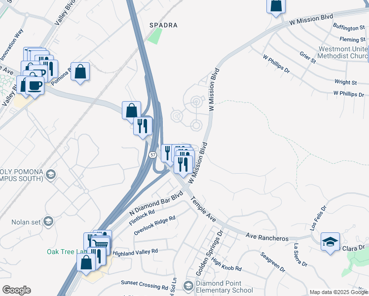 map of restaurants, bars, coffee shops, grocery stores, and more near 3467 Legato Court in Pomona