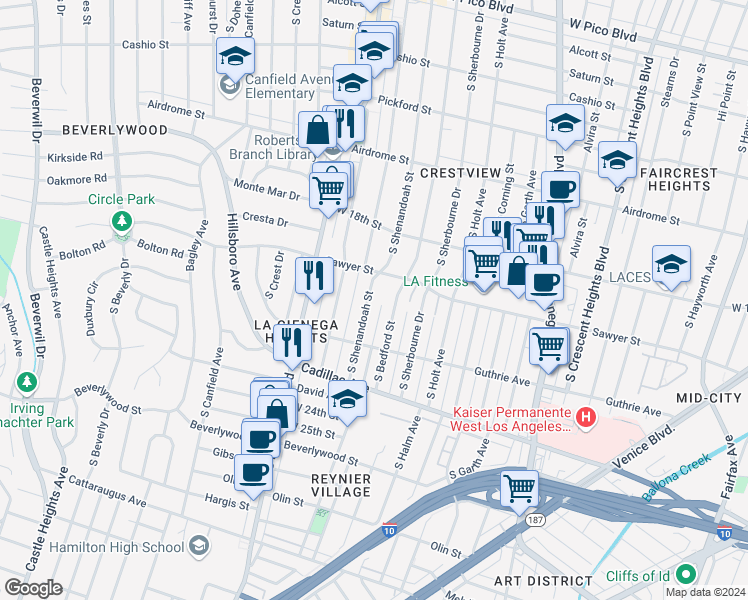 map of restaurants, bars, coffee shops, grocery stores, and more near 1920 South Shenandoah Street in Los Angeles