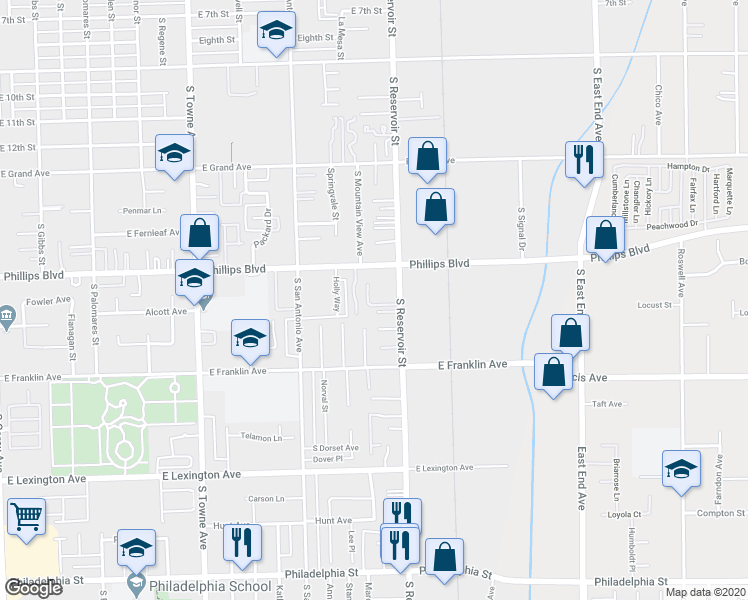 map of restaurants, bars, coffee shops, grocery stores, and more near 1575 South Reservoir Street in Pomona