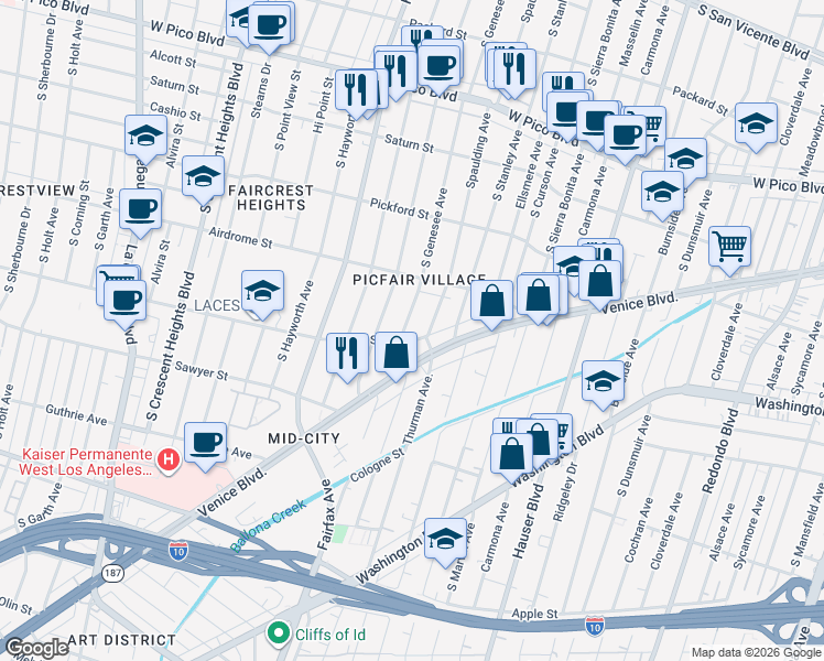 map of restaurants, bars, coffee shops, grocery stores, and more near 1756 South Genesee Avenue in Los Angeles
