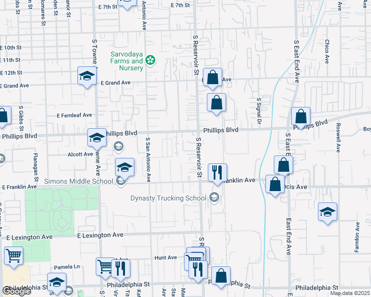 map of restaurants, bars, coffee shops, grocery stores, and more near 1575 South Reservoir Street in Pomona