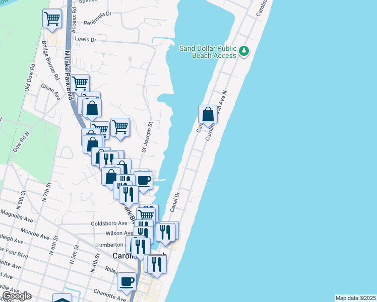 map of restaurants, bars, coffee shops, grocery stores, and more near 804 Canal Drive in Carolina Beach