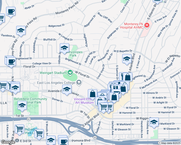 map of restaurants, bars, coffee shops, grocery stores, and more near 1321 College View Drive in Monterey Park