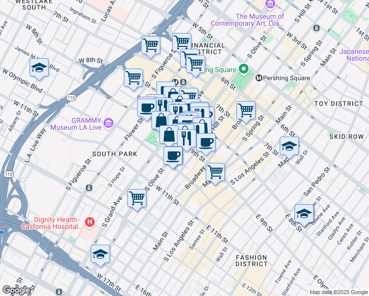 map of restaurants, bars, coffee shops, grocery stores, and more near 847 South Olive Street in Los Angeles