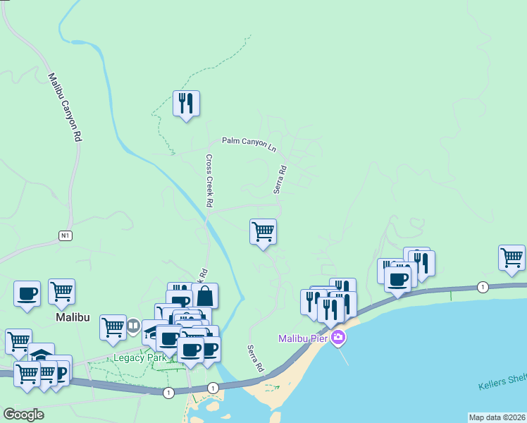 map of restaurants, bars, coffee shops, grocery stores, and more near 23122 Mariposa De Oro Street in Malibu