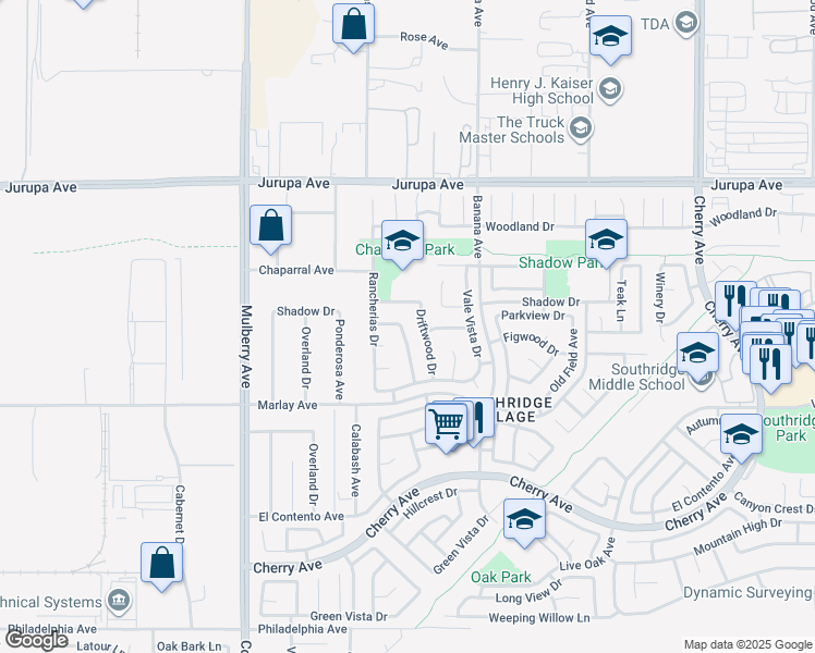 map of restaurants, bars, coffee shops, grocery stores, and more near 11557 Oakwood Drive in Fontana