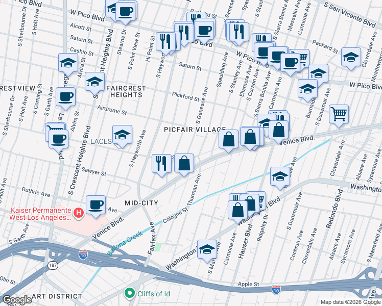 map of restaurants, bars, coffee shops, grocery stores, and more near 1756 South Genesee Avenue in Los Angeles