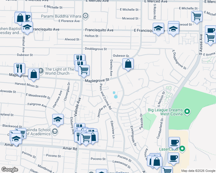 map of restaurants, bars, coffee shops, grocery stores, and more near 1712 Pass and Covina Road in West Covina