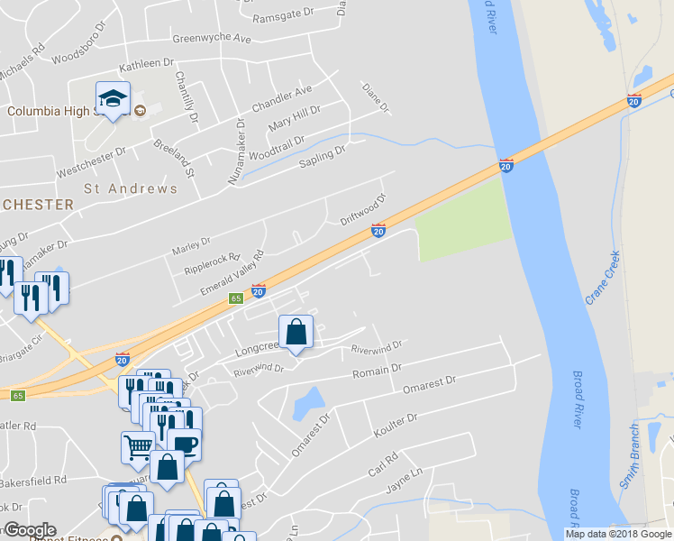 map of restaurants, bars, coffee shops, grocery stores, and more near 1604 Devonwood Drive in Columbia