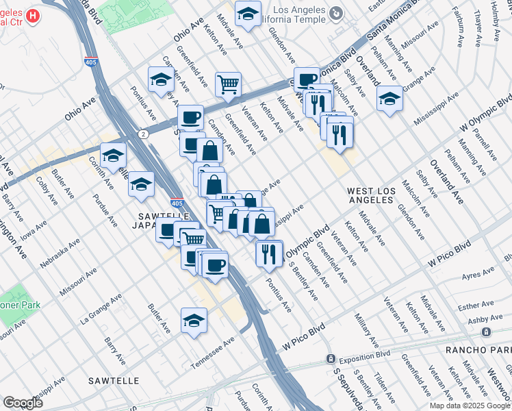 map of restaurants, bars, coffee shops, grocery stores, and more near 2008 South Bentley Avenue in Los Angeles