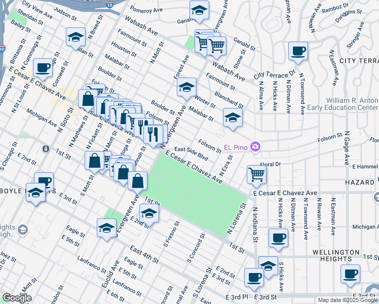 map of restaurants, bars, coffee shops, grocery stores, and more near 3040 Folsom Street in Los Angeles